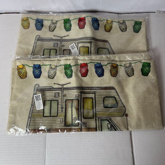 *2* Happy Camper Square Throw Pillow Cases Burlap Camping Owls 17x17 RV‎ Class C - Picture 1 of 3